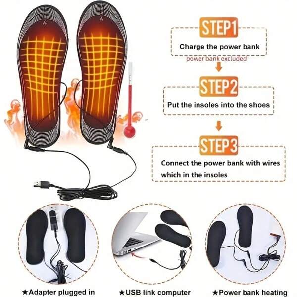 1Pair Of Washable EVA Electric Heating Insole USB Powered ≤36V Working Voltage No Battery Required Suitable For Foot Warmth And Comfortable Cutting Design