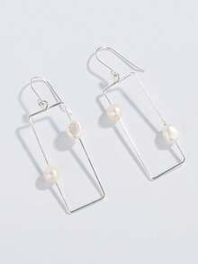 1 Pair Handmade 925 Sterling Silver Natural Baroque Pearl Geometric Rectangle Earrings, Elegant & Unique, Suitable For Women Casual & Work Wear - Rectangular Baroque Pearl Earrings - View 3