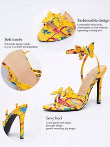 Jin Bei Qi 女士性感闪光 3D 蝴蝶圆头系带优雅迷人时尚派对闪亮金色高跟凉鞋 - 黃色 - 查看 12