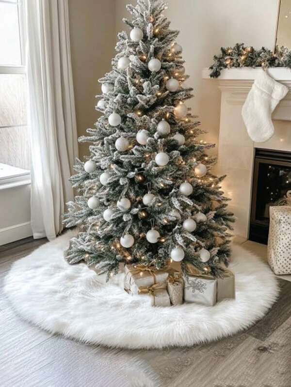 1 pieza - Falda para árbol de Navidad de peluche blanco de imitación de piel, para decorar el árbol de Navidad en fiestas navideñas