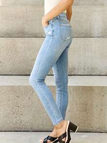 Plus Size  Jeans, Women's Plus Ripped Button Fly High Stretch Skinny Denim Pants - Light Blue - 查看 3