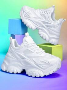 女士时尚休闲运动鞋户外纯白色厚底高跟轻便减震跑步鞋夏季透气速干网眼圆头易系带适合学生青少年日常生活约会健身办公防滑耐磨增高7CM百搭坡跟运动鞋