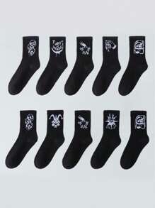 5 أزواج (التسليم عشوائي) جوارب متوسطة الطول للجنسين بطراز داكن، بتصميم ملفت للنظر بطبعات الكلاون والغرافيتي، أساسيات الموضة الشارعية