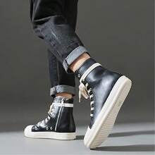 Men's Thin Shoelaces, Round Toe Shoes, High-Top Casual Shoes, Minority Retro Thick-Soled Skateboard Shoes. - 黑色 - 查看 3