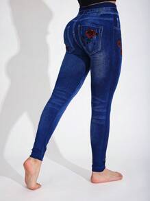 1条装玫瑰花图案女士高弹力紧身打底裤，蓝色仿牛仔破洞外观，柔软舒适，适合健身、跑步、户外、度假、约会、工作、派对、音乐节、秋冬季等场合，舒适保暖。 - 彩色 - 查看 11