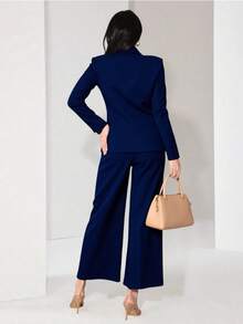 Zalla Blazer And Palazzo Pants Set With Lining And Decorative Button - Navy Blue - View 3