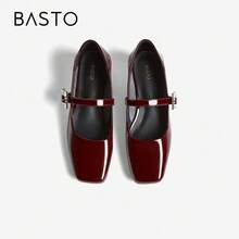 BASTO Red Mary Jane Shoes, Minimalist French Square Toe, Rhinestone Square Buckle, Chunky Heel, Low Vamp Flats For Women, Suitable For Daily, Commute, Office, Party, Date, Valentine's Day - Burgundy - View 8