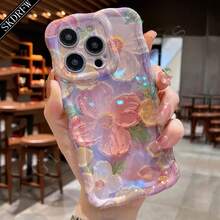 1pc Phone Case - Phone Case - New Stylish Y2K Iridescent Blue Flower Irregular Wavy Edge Dopamine Shockproof Phone Case For  17, 16, 15, 14, 13, 12, 11, And Popular Among Influencers And As A Gift For Special Occasions Charm-Free Valentine's Day Phone Cases  Case  17 Pro Max Case  16 Case - 紫色 - 查看 5