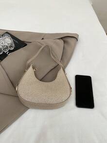 1pc Zipper Closure PU Solid Color Crescent Underarm Bag, Fashion Retro Office Shoulder Bag, Versatile Baguette Bag, Shiny Women Party Evening Bag, Suitable For Daily Use And Attending Banquets - Gold - View 10