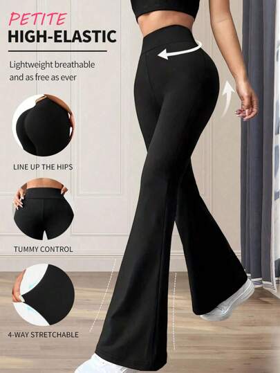PETITE Solid High Rise Flared Straight Leg Pants