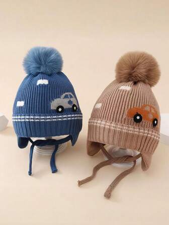 Kids Knitted Hat, Cartoon Car Pattern, Autumn/Winter Boys/Girls/Babies Knitted Hat, Cute Car Pattern Baby Knitted Hat, Outdoor Warm Knit Cap, Winter Infant Windproof Warm Knitted Hat, Pom Pom Design, Fashion Versatile