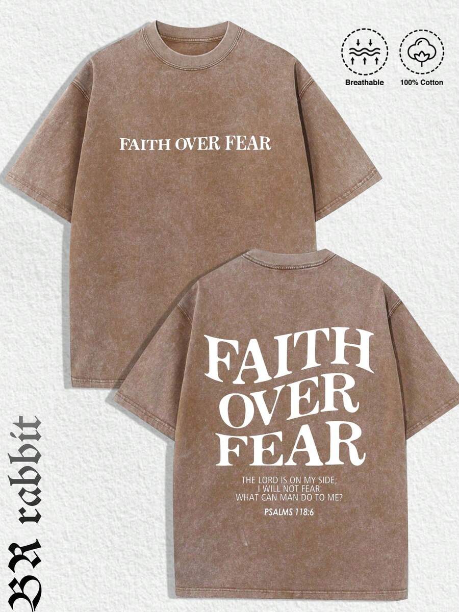 1 PCS "FAITH OVER FEAR" Creative Pattern Printing Heavy 230g Pure Cotton Oversized Drop Shoulder T-Shirt, Spring/Summer/Fall Men Clothes, Regular Fit Shirt,  Halloween & Christmas & Thanksgiving Day & Valentine's Day & Pride & Father's Day & Easter & Mother's Day & New Year & Spring Festival, Men's Round Neck Printed Short Sleeve Casual Everyday T-Shirt, They Are Excellent Gifts For Friends And Family, 230g 100% Cotton T-Shirts Feature, A Youthful And Fashionable Design, Graphic Tees Men, Graphic Tees Women, Back To School Shirt, College Essential - 咖啡棕 - 查看 1