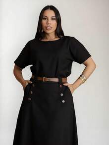 Women's Linen Set Long Skirt + Blouse Sleeve Casual Timeless Elegant - No Belt - 黑色 - 查看 1