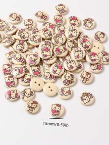 Sanrio 100pcs Hello, Kitty  15mm Wooden Buttons - Mixed Pack, Hello, Kitty Pattern, 2 Holes, Light Beige Natural Wooden Buttons For Sewing, Knitting, DIY Crafts And Clothing Accessories