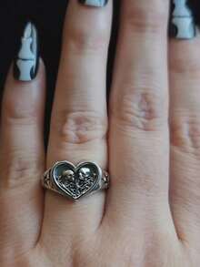 Silvery Heart Signet Ring The Lovers Skeleton Final Embrace Gothic Romantic Engagement Ring Halloween Ring Valentine's Day Gift - White CZ - 查看 4
