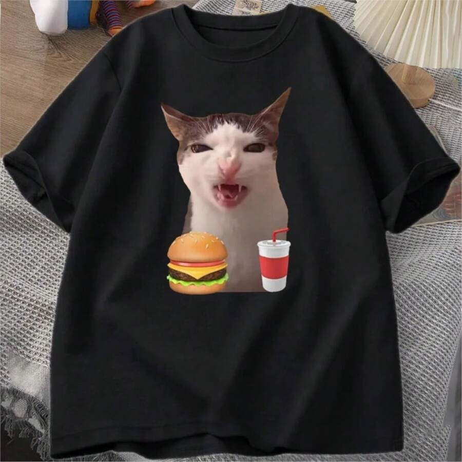 Cat Crunching Food Meme T-Shirt Women Silly T Shirts Funny Cat Eating T-Shirt Short Sleeve Graphic Tees Streetwear Womenclothing - 黑色 - 查看 1