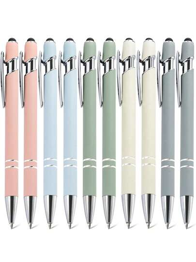 10 Metal Retractable Ballpoint Pen Set With Touch Screen Pen Tip - Medium Thick Pen Tip, Smooth Writing, Anti Slip Handle, Compatible With Multiple Devices - Suitable For Daily School/Office Use