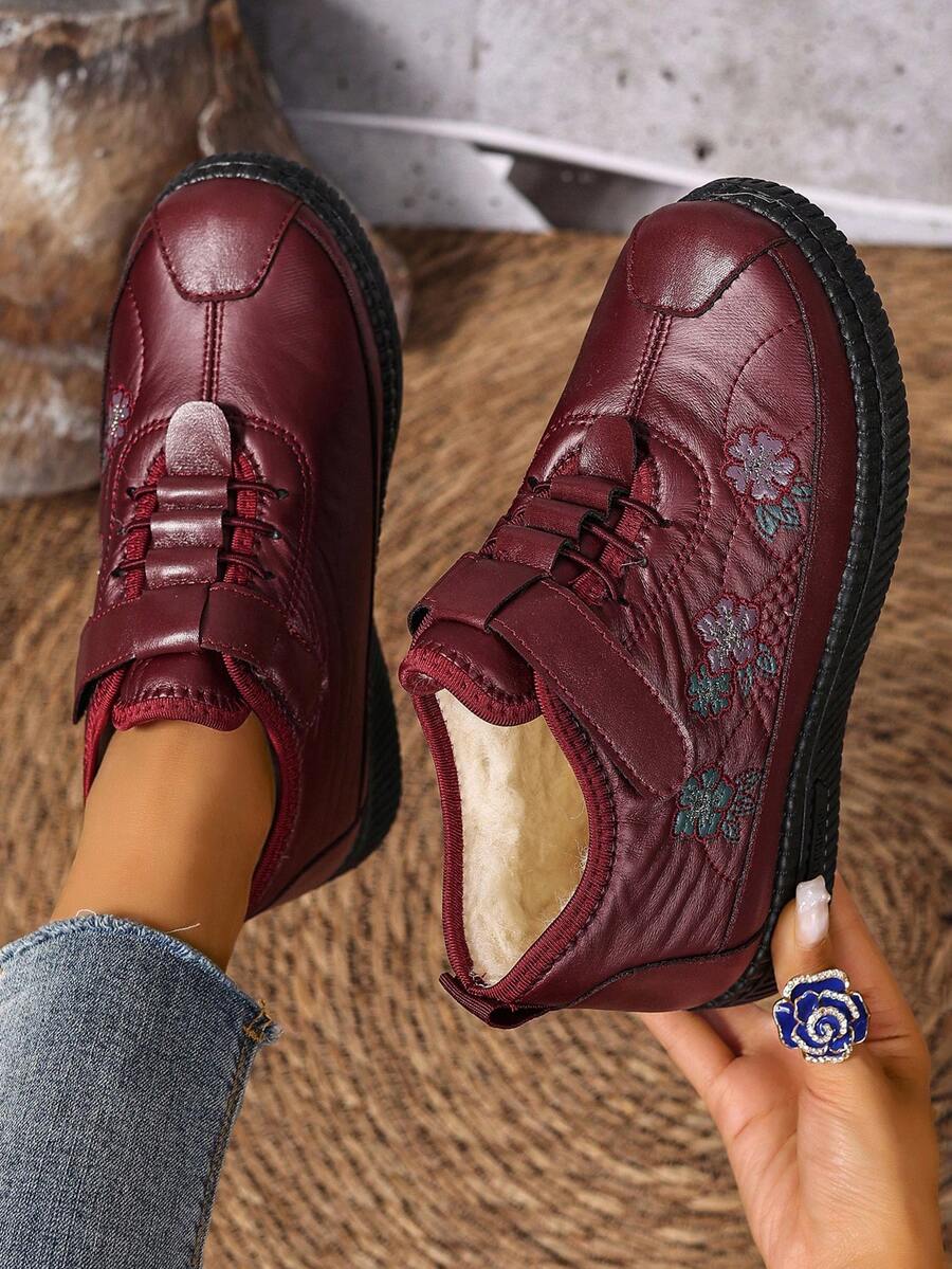 Women's Snow Boots, Hook And Loop Design For Easy On/Off, Floral Pattern PU Upper, Waterproof PVC Sole, Durable & Wear-Resistant, Ankle Boots For Winter - Red - View 1