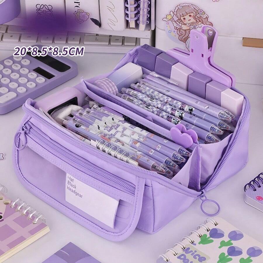 1 pieza Estuche para lápices con tapa abatible, estuche para lápices transparente de gran capacidad y alta calidad para estudiantes de secundaria y preparatoria, estuche para lápices, mochila escolar, artículos de papelería - Negro - Ver 1