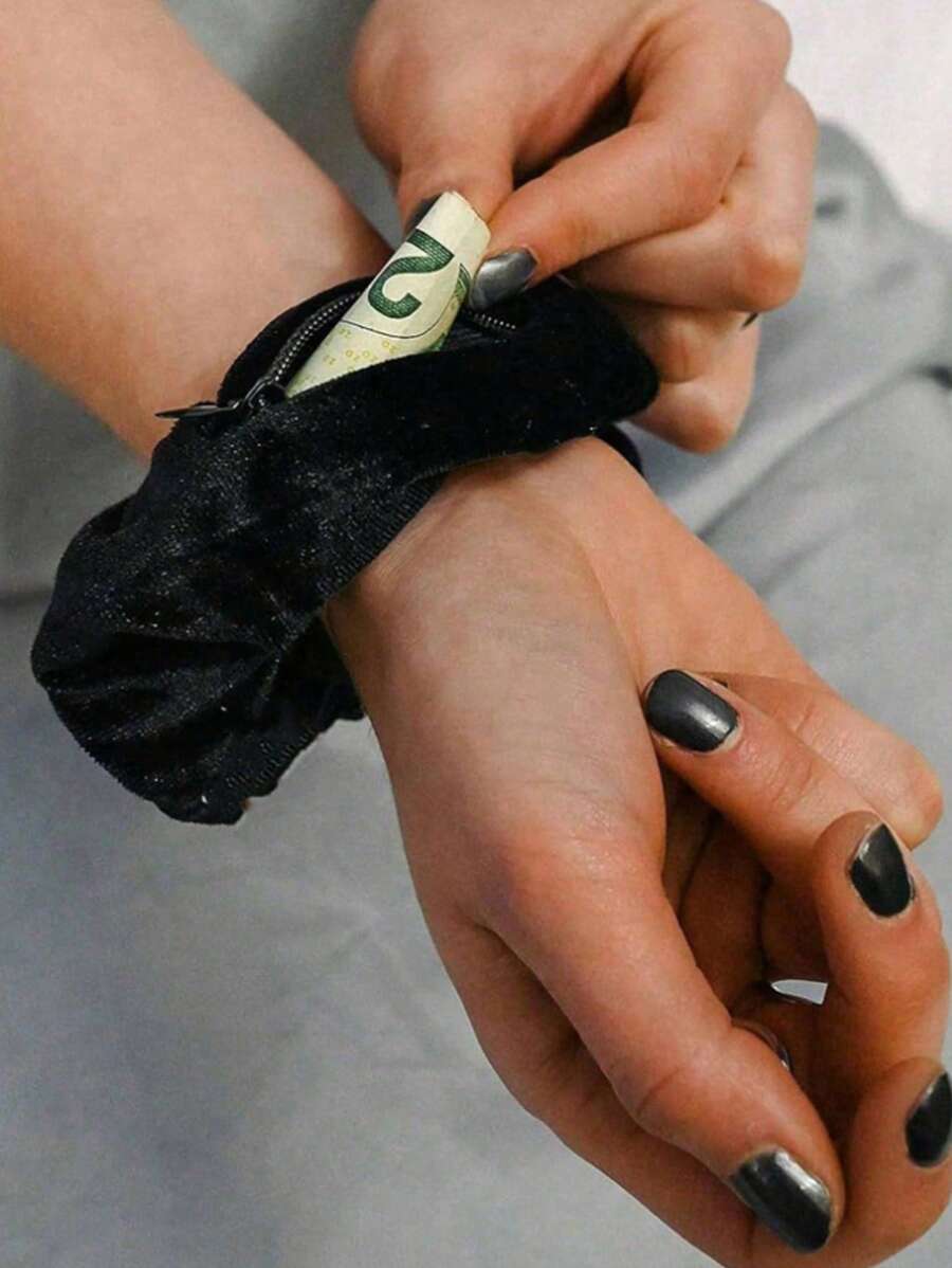 1 件带隐藏口袋的天鹅绒发圈，多功能发饰袋，用于存放钱和小物品，弹性发圈带拉链秘密隔层，可容纳钥匙、现金、口红，多功能隐藏式便携式小袋，适用于旅行、海滩、学校、宿舍、浴室、度假必需品、马尾辫夹、发圈、发橡皮筋、发绳、发饰