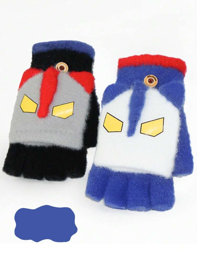 儿童保暖手套翻盖五指手套毛绒加厚防寒手套可爱卡通图案适合秋冬男童女童 - 5-12歲 - 查看 6