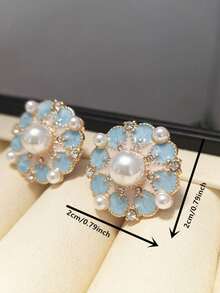 Vintage French Style Blue Enamel Flower Earrings With Imitation Pearls, Elegant Daily & Party Wear, All-Season Accessory - 藍色花朵耳環 - 查看 4