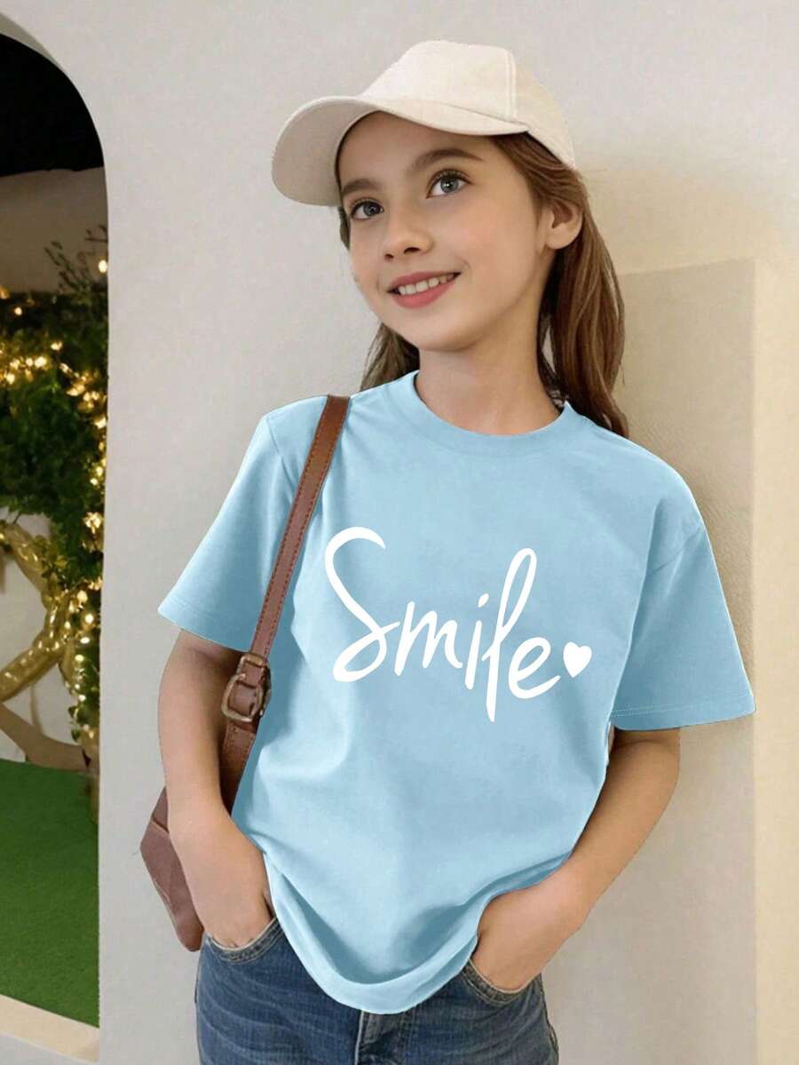 Smiling Letter Print Round Neck Casual Short Sleeve T-Shirt, Soft And Comfortable For Spring/Summer Wear - Baby Blue - View 1