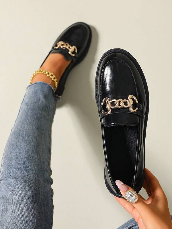 Black Leather Slip-On Loafers For Women, New Spring/Autumn Thick Heel Buckle Decor Shiny Casual Shoes