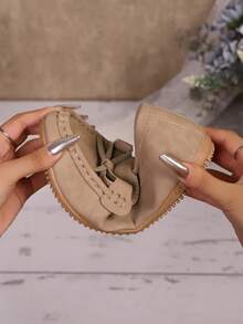 秋冬新款大码百搭圆头一脚蹬乐福鞋,舒适防滑休闲驾车鞋,手工拼布纯色平底鞋,适合日常通勤、购物、度假,卡其色皮革搭配蝴蝶结装饰,简约女士休闲鞋,女士运动鞋 - 卡其色 - 查看 10