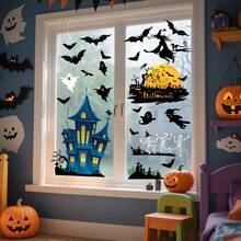 4 Sheets Blue Halloween Window Clings - Castle, Bats, Pumpkins & Ghosts Static Cling Stickers, Removable Glass Decor For Spooky Party, Home & Office Decorations, Halloween Decorations, Haunted House Stickers, Easyapply Stickers, Holiday