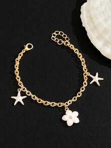 1pc Delicate Sweet Flower & Starfish Decor Bracelet For Girls Summer Beach Party Travel Vacation Jewelry Accessory For Daily Wear - White - View 4