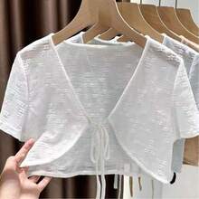 1件女士纯色蕾丝印花系带开衫，波西米亚风轻薄短款披肩，适合夏季穿着，可搭配吊带连衣裙和沙滩装。 - 黑色 - 查看 7