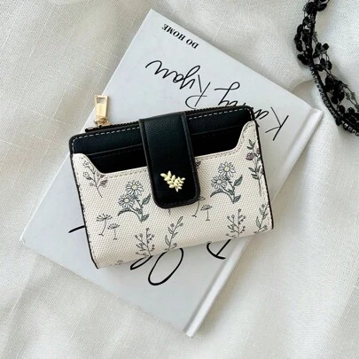 Leaf Metal Button Bifold Wallet Minimalist Fashion Short Wallet For Women Wallet Mini Wallet Purse Wallet Small Wallet Cute Wallet