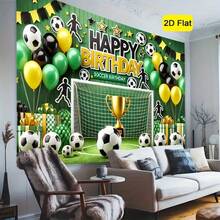 1 pieza Fondo de fiesta de cumpleaños de fútbol 2D - Verde vívido con decoración negra y amarilla, telón de fondo de cámara de poliéster para decoración interior/exterior, accesorios de estudio fotográfico con tema deportivo, ideal para entusiastas del deporte y celebraciones, decoración de cumpleaños de fútbol - multicolor/multicolor) - Ver 2