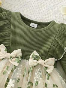 Vestido de Primavera y Otoño para Recién Nacida, con Tul y Bordado de Plantas y Flores - Verde - Ver 4