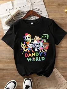 Tween Boys/Girls Summer Shirts "Dandy's World Cartoon Theme Cotton Graphic Tees, Black Casual Summer Tops With Cartoon Characters, Gift For Birthday, Kids Party, Fashion Retro Style" Boys Graphic Tees & Tween Girl Clothes - 黑色 - 查看 3
