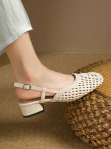 Fall/Winter Square Toe Woven Women's Sandals, Elegant Chunky Heel Bowknot Beige High Heels, Outdoor Party Buckle Hollow-Out Shoes,Elegant,Ballet Shoes