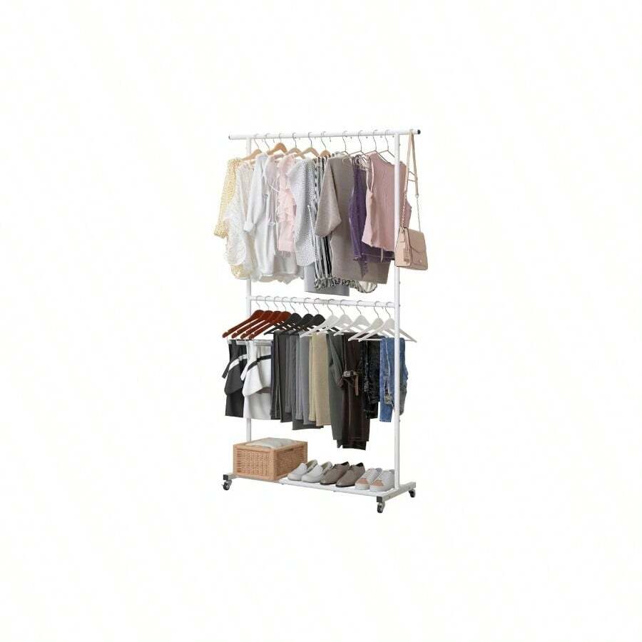 Double Rod Clothing Garment Rack, Rolling Coat Hanger With Bottom Mesh, Clothing Rack For Hanging Clothes, Coats, Skirts, Sweaters, White - No mesh + White - View 1