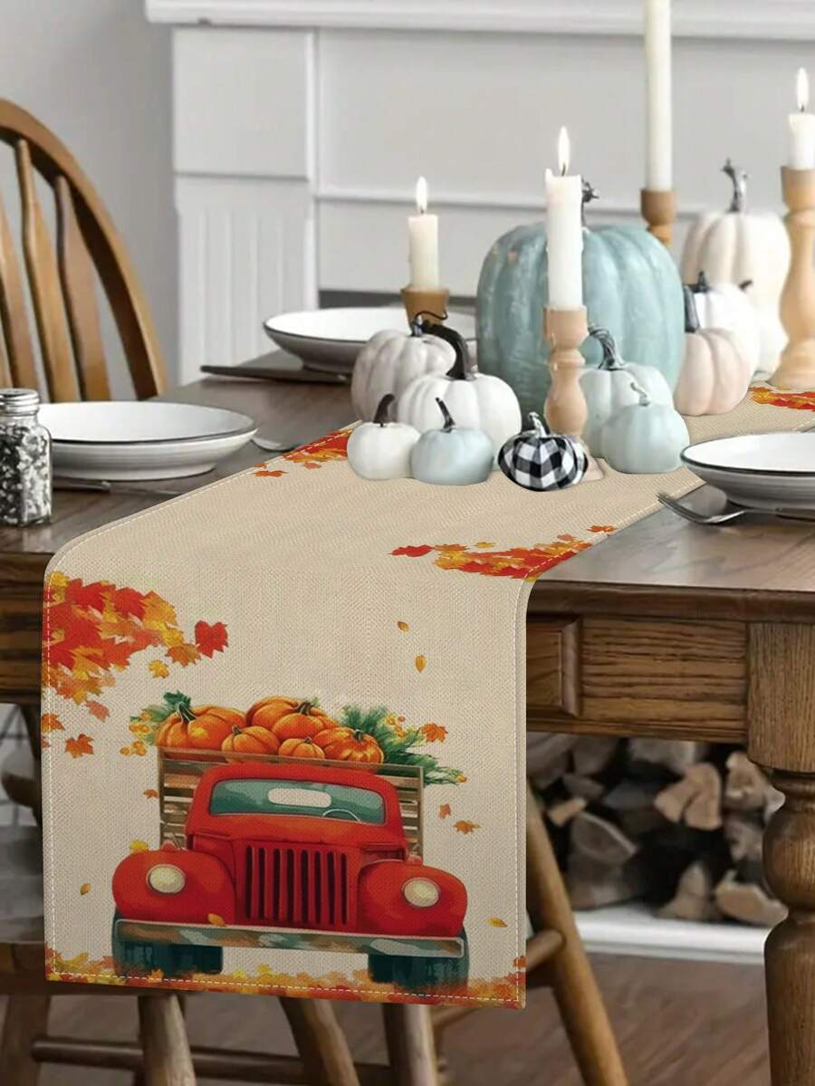 1 pieza/10 piezas Camión de otoño, Camino de mesa con estampado de calabaza, Camino de mesa de Acción de Gracias, Camino de mesa de Festival de la Cosecha, Decoración del hogar de temporada, Estilo rústico, Material de lino sintético, 33*91CM/33*183CM/33*274CM, 3 opciones de tamaño, Decoración de fiesta interior y exterior, Decoración con tema de calabaza, Decoración de habitación. Adecuado para la decoración de la cocina del hogar y la decoración de eventos y fiestas - Multicolor - Ver 1