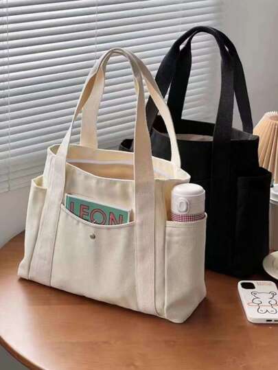 Bolsa de tela tipo tote con múltiples bolsillos para mujeres, bolsa grande con manija, bolso reutilizable de gran capacidad, perfecta para uso diario y viajes, bolsa de tela tipo tote ideal para estudiantes, con múltiples compartimientos, perfecta para la playa, la escuela, el trabajo y el uso diario, bolsa escolar literaria para adolescentes, bolso para libros para mujeres o estudiantes, perfecto para libros, compras, vuelta a clases y talla grande