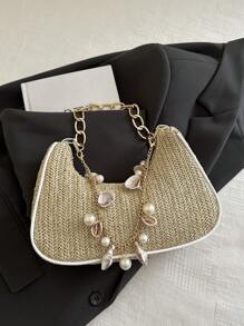 时尚金属链条手柄花卉面料包，休闲新月形草编贝壳链条单肩包，女士手提包