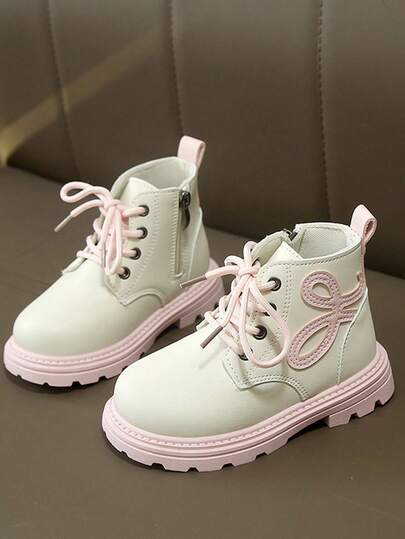 1 双幼儿女童柔软舒适哑光 PU 靴，前系带和侧拉链设计，圆头，防滑橡胶鞋底，时尚短靴，适合女婴日常、度假、上学、秋冬