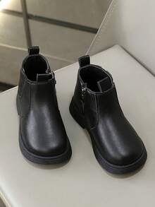 1 Pair Chelsea Boots, Soft & Comfortable Solid Color Matte PU Material, Side Elastic Panel, Round Toe Zipper Design, Warm Thick Sole, Fashionable & Cute Boots Suitable For Boys & Girls Daily Wear, School, Autumn/Winter New Arrival - Black - View 5