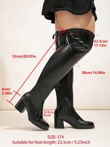 加大码宽筒过膝靴，松紧筒靴，粗跟，黑色靴子，防滑，女士黑色高跟靴 - 黑色 - 查看 2