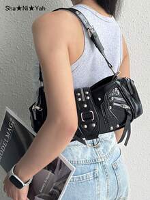 Y2K 机车风时尚欧美复古摩托车风格手提包，时尚小众铆钉多口袋单肩包，油蜡皮革斜挎包