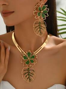 3 件套夏季时尚波西米亚彩色珐琅镂空花朵项链 + 耳环首饰套装，适合女士休闲、海滩、约会、派对、礼物 - 綠色 - 查看 2