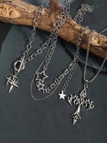 3 件复古哥特式美学不锈钢星星、流星、十字架吊坠项链、多层颈链、项链套装 - 銀色 - 查看 2