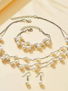 3pcs Elegant Fashion Necklace, Bracelet, Earring Set, Multi-Layer Pearl Chain Jewelry, Suitable For Wedding, Bride, Evening Party