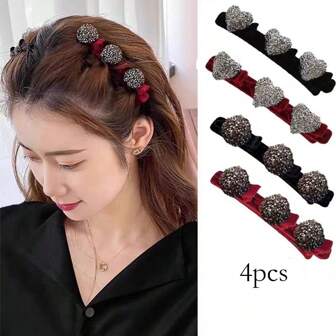4个水钻爱心植绒发夹，侧刘海发夹，甜美女孩发饰，红色、黑色、咖啡色，时尚装饰，女士发夹，爪夹，发爪，发夹，发卡，发夹，发卡，发夹，派对配饰，派对造型，新年魅力
