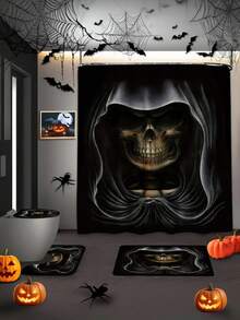 1 Pc Halloween Skeleton Pattern Waterproof Shower Curtain Set, Bathroom Decor With Dry & Wet Separation, Machine Washable